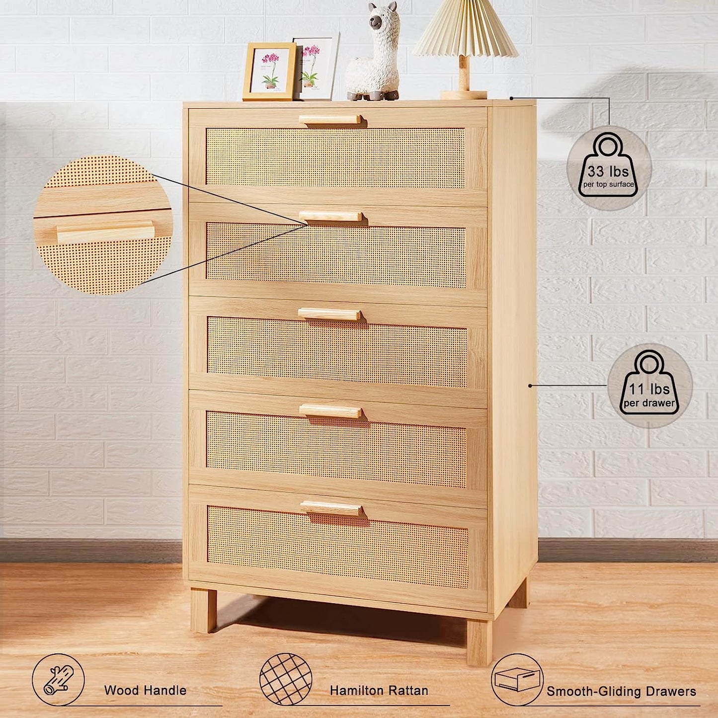 Rattan Dresser, Rattan Chest of Drawers, Closet Storage Oak Drawer Chest for Bedroom, 2 to 6 Rattan Drawers, Rattan Dresser for Bedroom