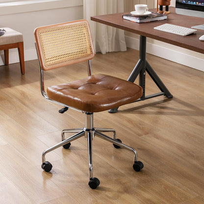 Leather Desk Chair with Rattan Back, Rattan Office Chair, Leather Office Chair, Upholstered Tufted Swivel Chair, Mid Century Office Chair