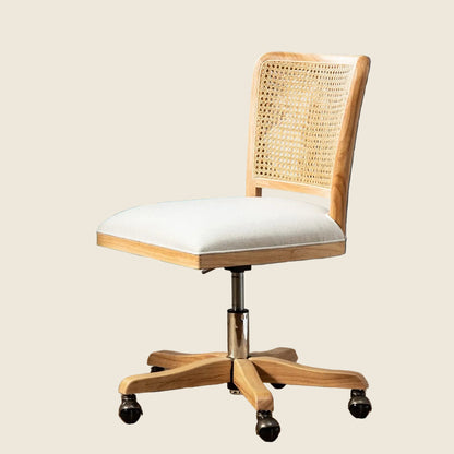 Linen Desk Chair with Rattan Back, Rattan Office Chair, Linen Office Chair, Upholstered Wooden Swivel Chair, Mid Century Office Chair
