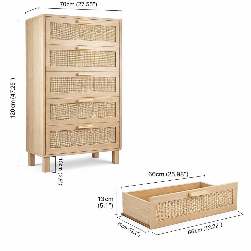 Wooden dresser with dimensions labeled on a white background