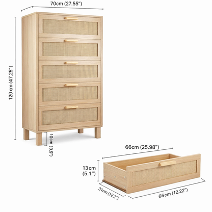 Wooden dresser with dimensions labeled on a white background