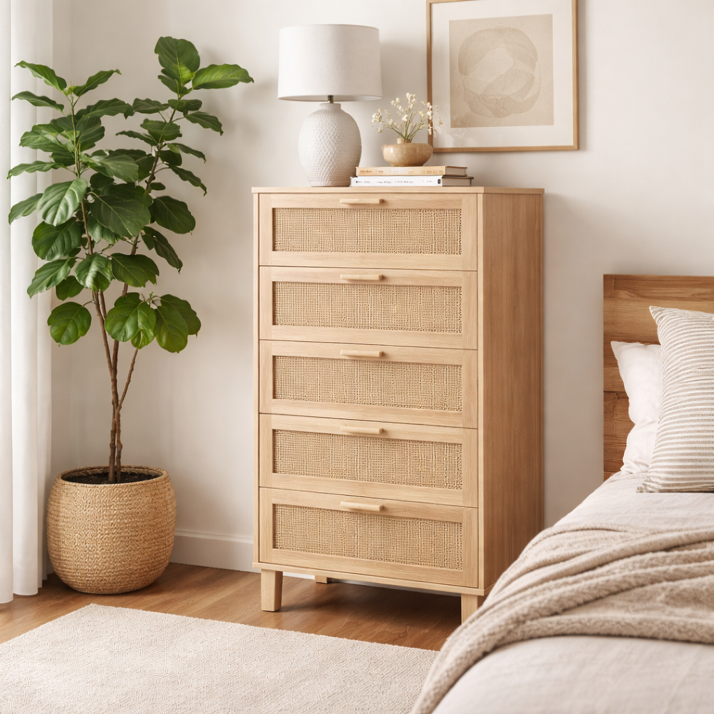 Wooden dresser with wicker drawers in a bedroom setting with a plant and lamp.