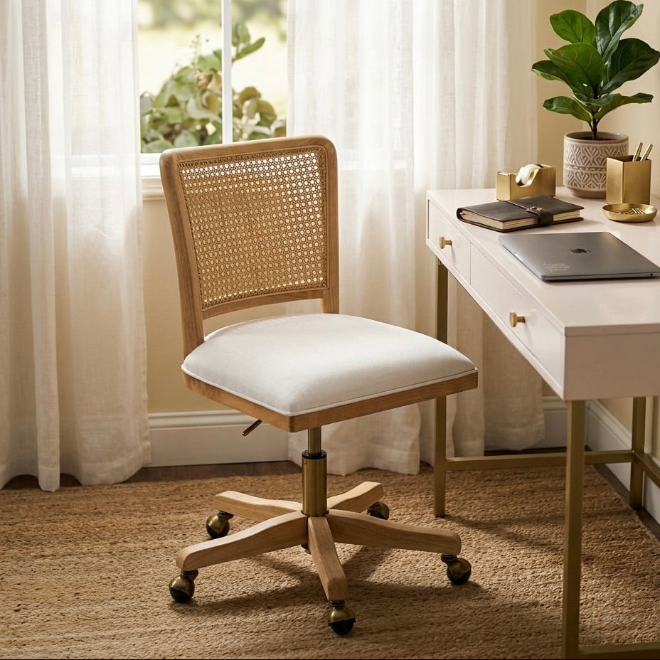 Wooden office chair with white cushioned seat in front of a white desk with a plant and decor items.