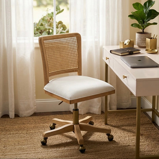 Wooden office chair with white cushioned seat in front of a white desk with a plant and decor items.