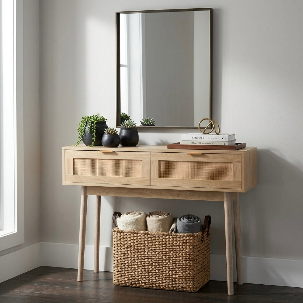 Wooden console table with a mirror, plants, and books in a room.