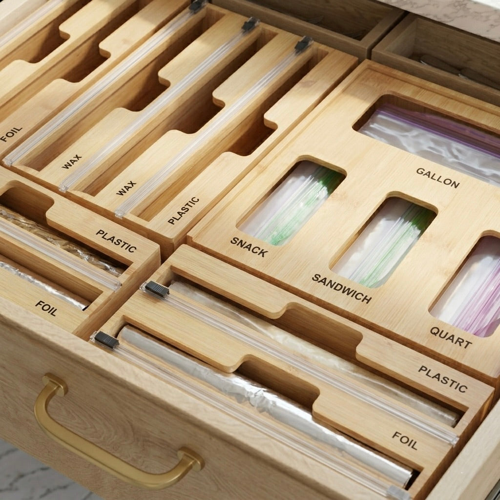 4-in-1 Bamboo Wrap Dispenser with Cutter and Labels – Mantis Hut