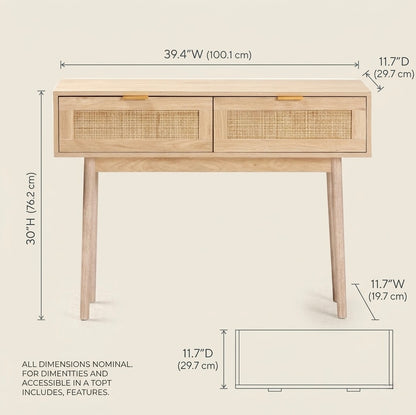 Wooden console table with dimensions labeled on a beige background
