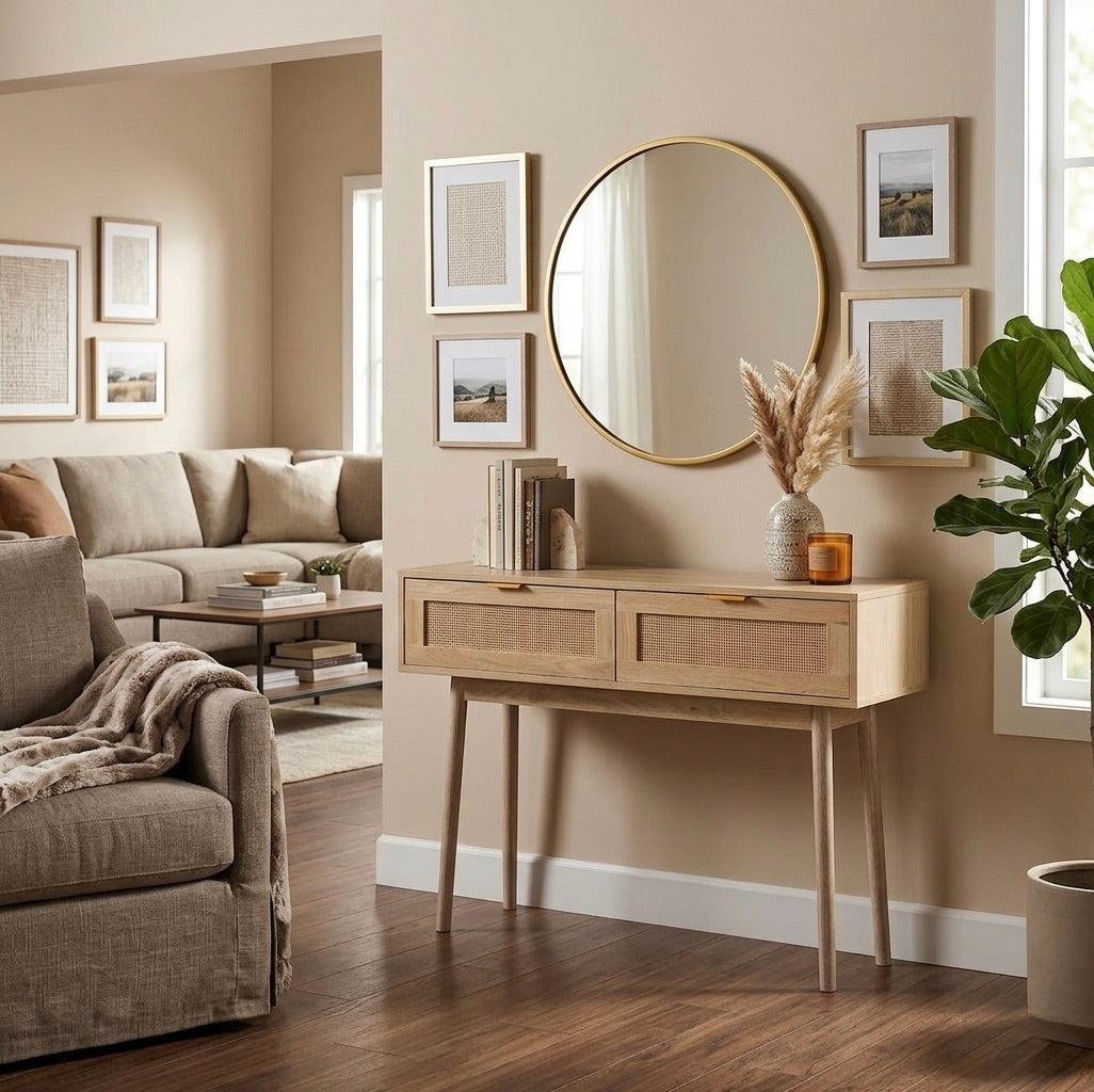 Living room with a console table, mirror, and framed pictures on a beige wall.