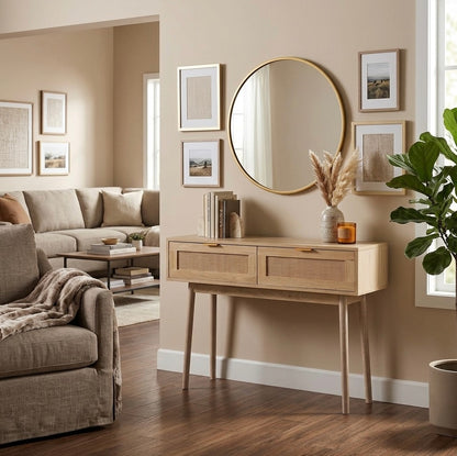 Living room with a console table, mirror, and framed pictures on a beige wall.