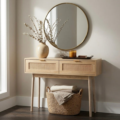 Wooden console table with round mirror, vase, and basket in a room.