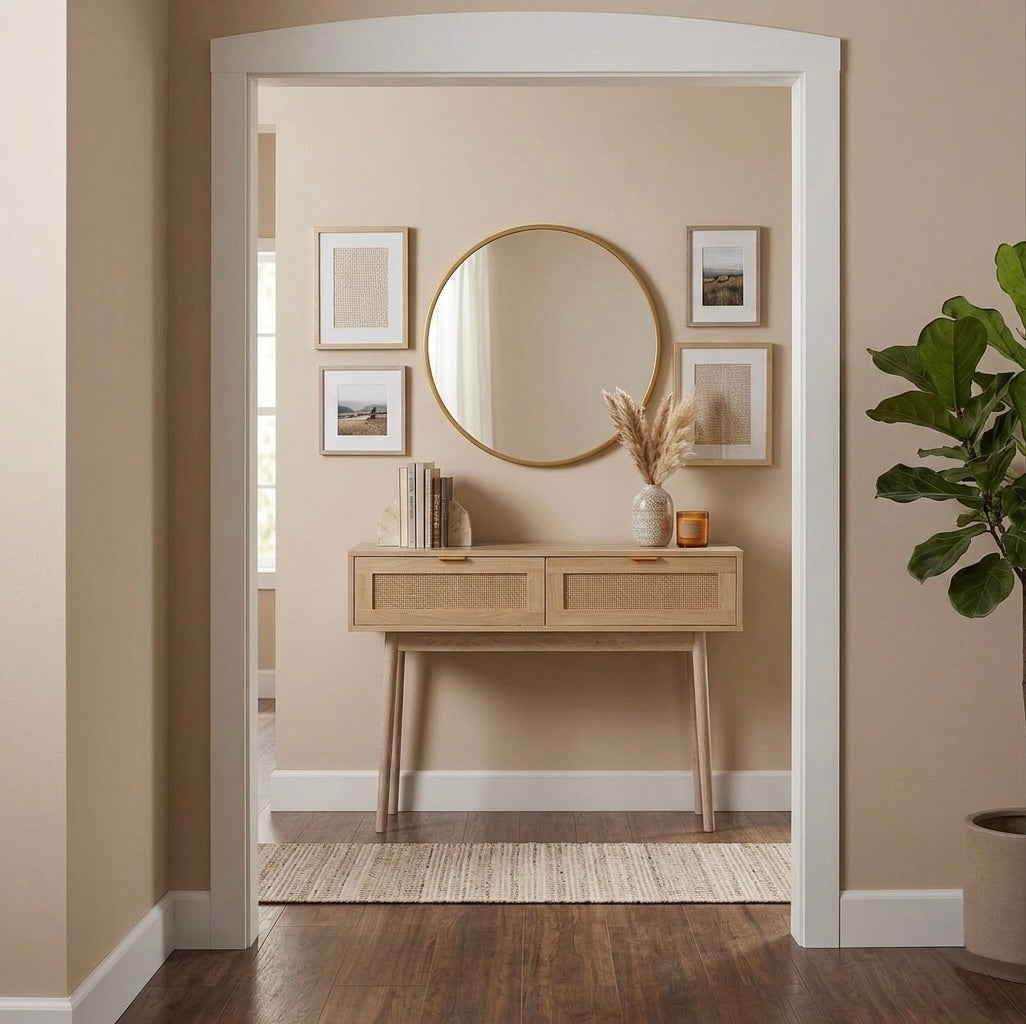 Wooden console table with round mirror and decor items in a room with beige walls and wooden floor.