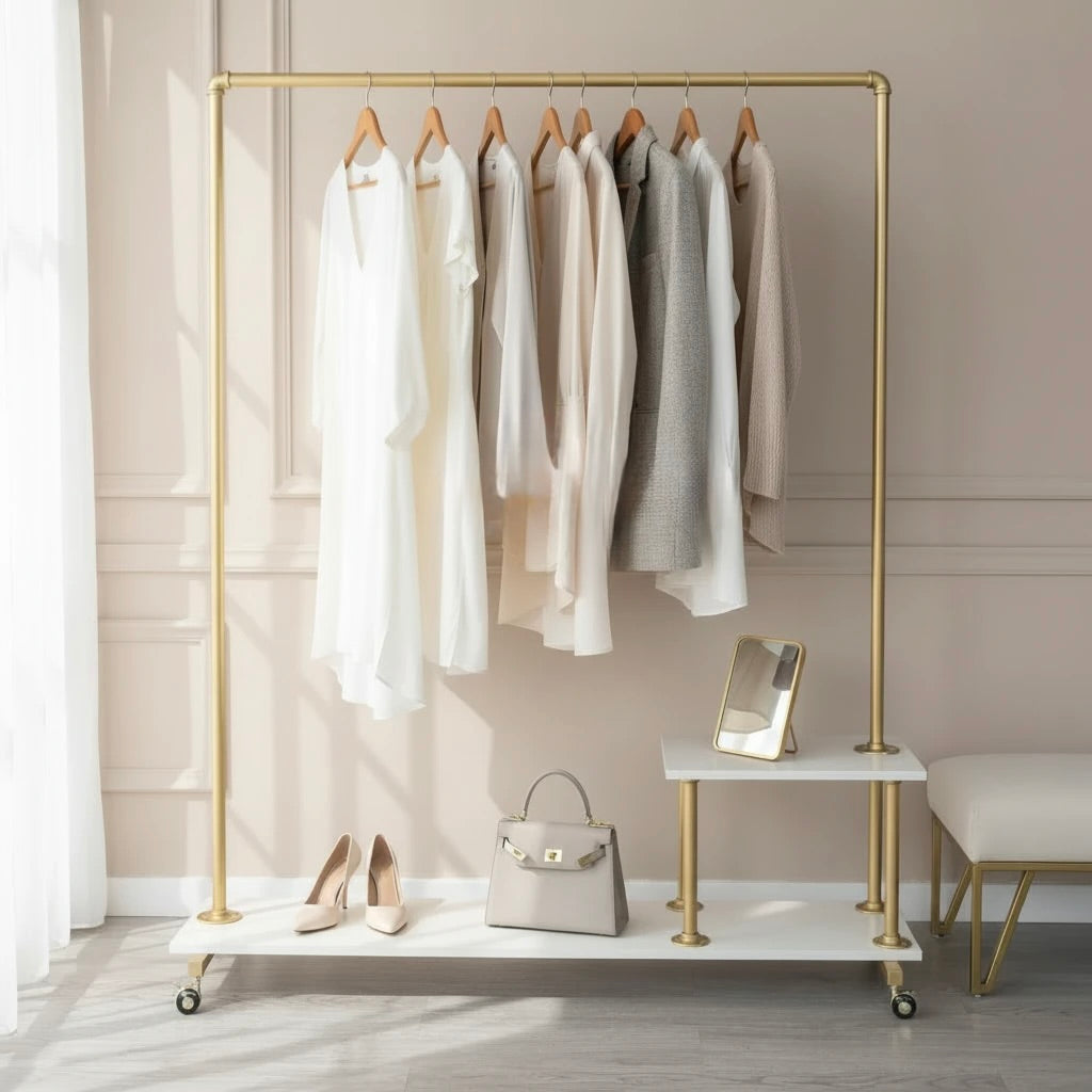 Gold clothing rack with clothes, shoes, and handbag on a neutral background