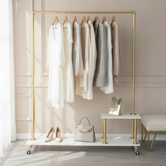 Gold clothing rack with clothes, shoes, and handbag on a neutral background
