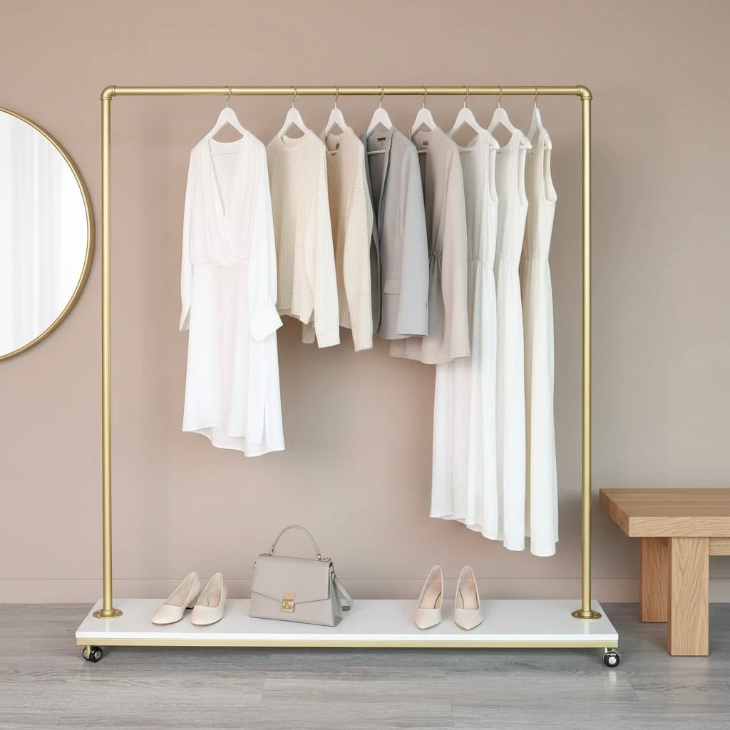 Gold clothing rack with white and gray garments, a handbag, and shoes on a neutral background.