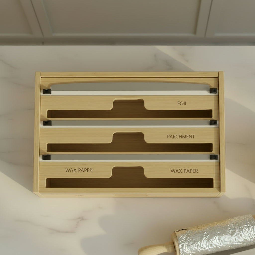 Wooden drawer organizer with labeled compartments for foil, plastic, and parchment paper.