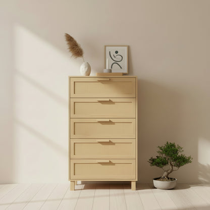 A beige rattan 5-drawer dresser with wooden legs and handles.