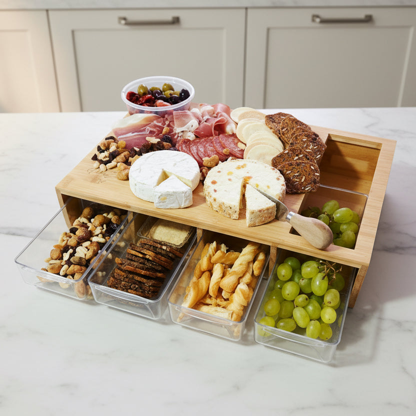 Wooden charcuterie board with various meats, cheeses, bread, and fruits on a white surface.