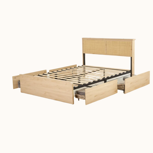 Neatly made bed with wooden headboard and round woven rug in a bedroom setting.