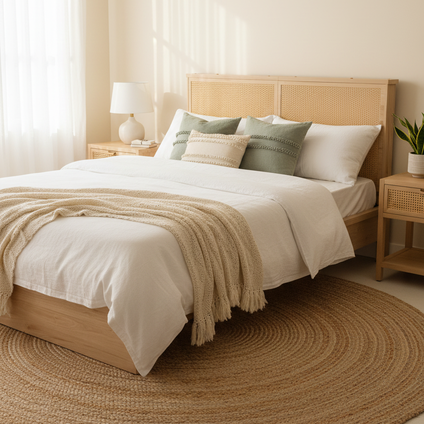 Queen Bed Frame with Natural Rattan Headboard