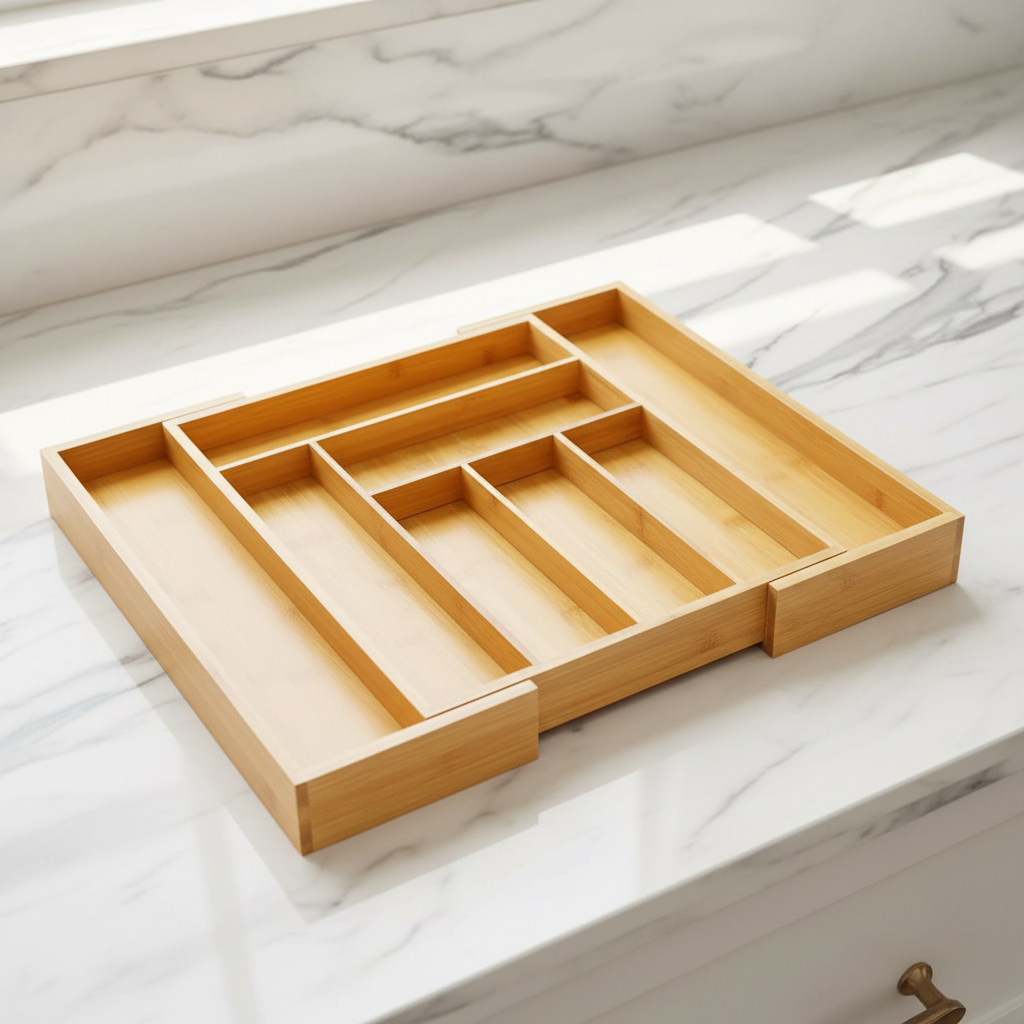 Wooden drawer organizer with compartments on a white background