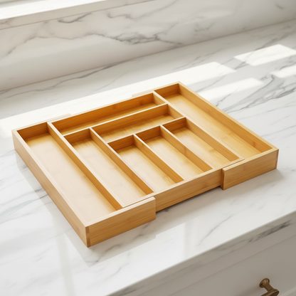 Wooden drawer organizer with compartments on a white background