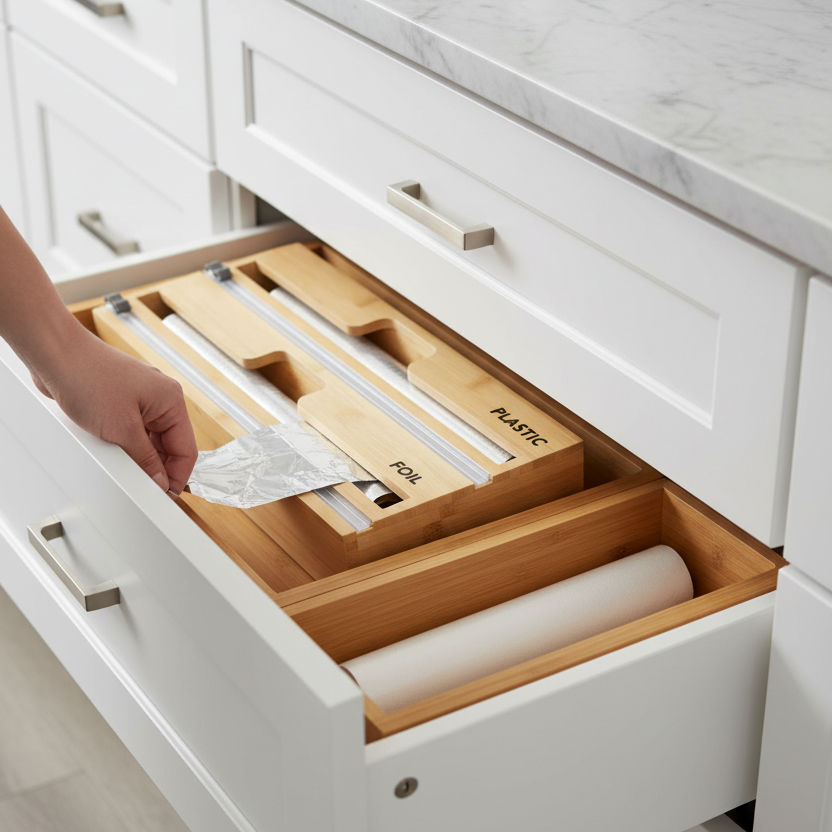 Wooden wrap organizer with labeled sections for plastic and foil on a white background