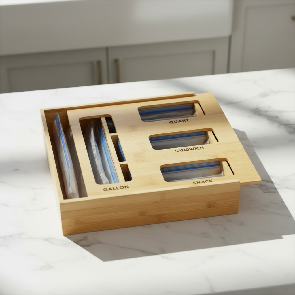 Wooden container with labeled compartments for different size food packaging on a white background