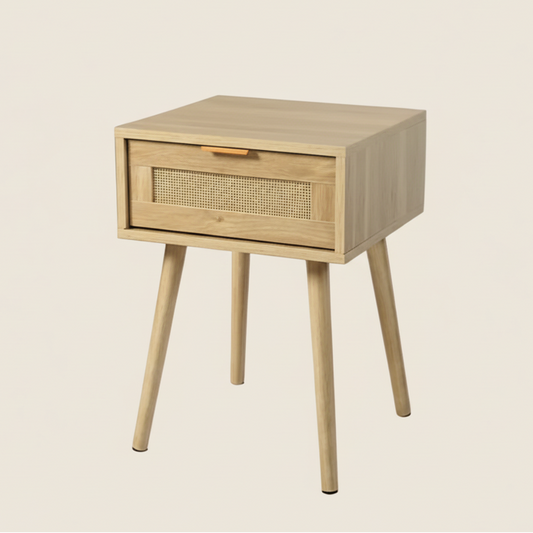 Wooden nightstand with a lamp in a bedroom setting