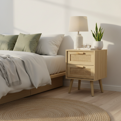 Wooden nightstand with rattan drawers on a beige background