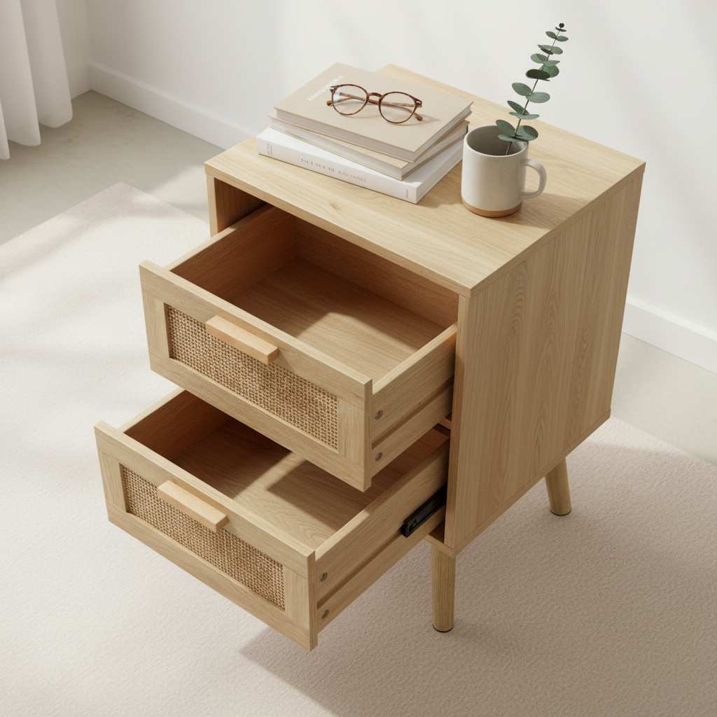 Wooden nightstand with rattan drawers on a beige background