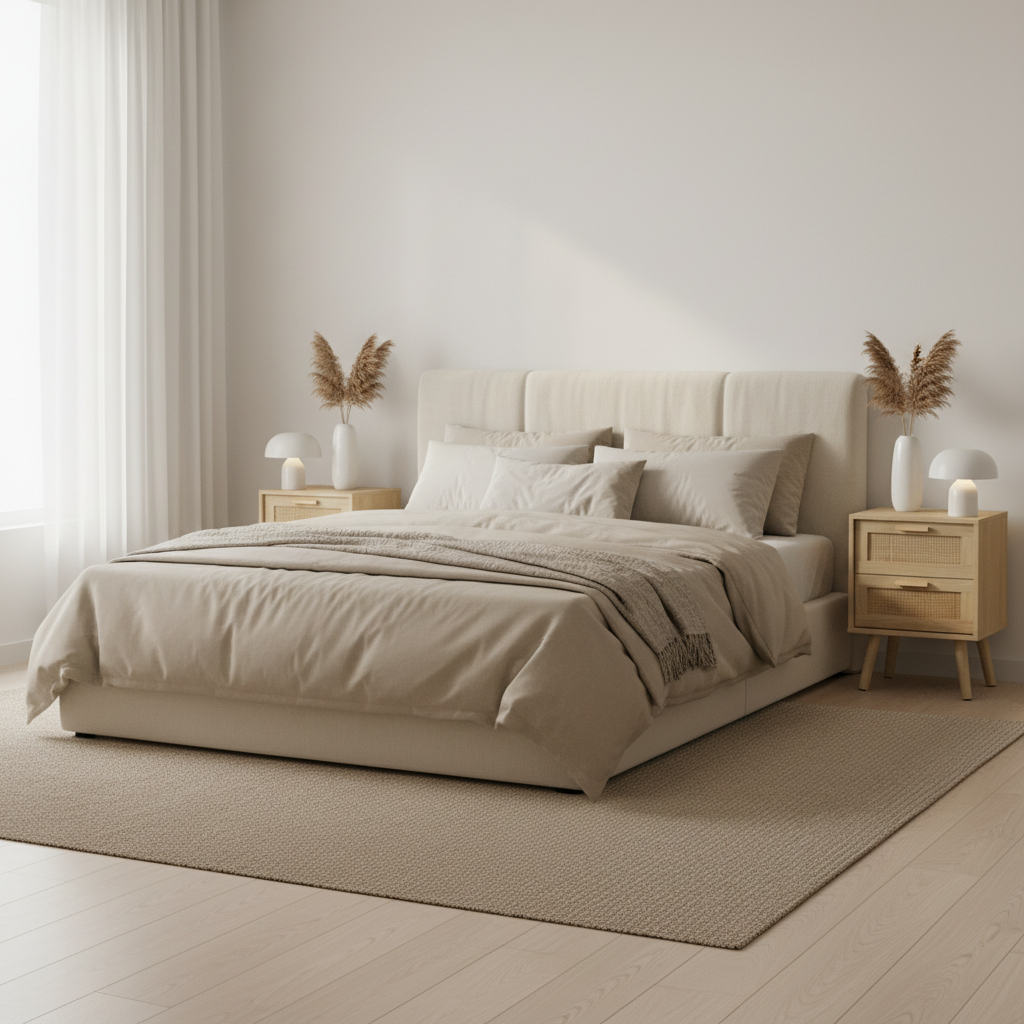 Wooden nightstand with rattan drawers on a beige background