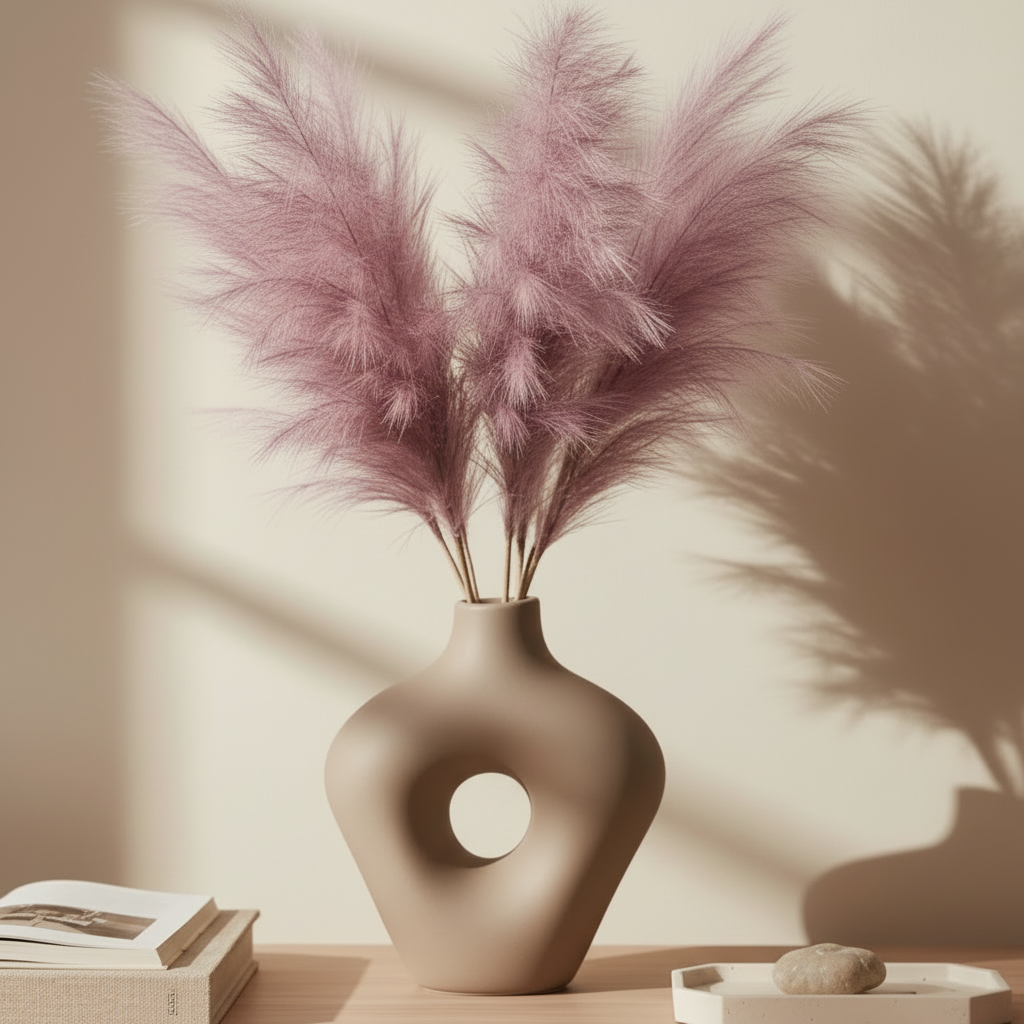 Pink feathered plant against a white background