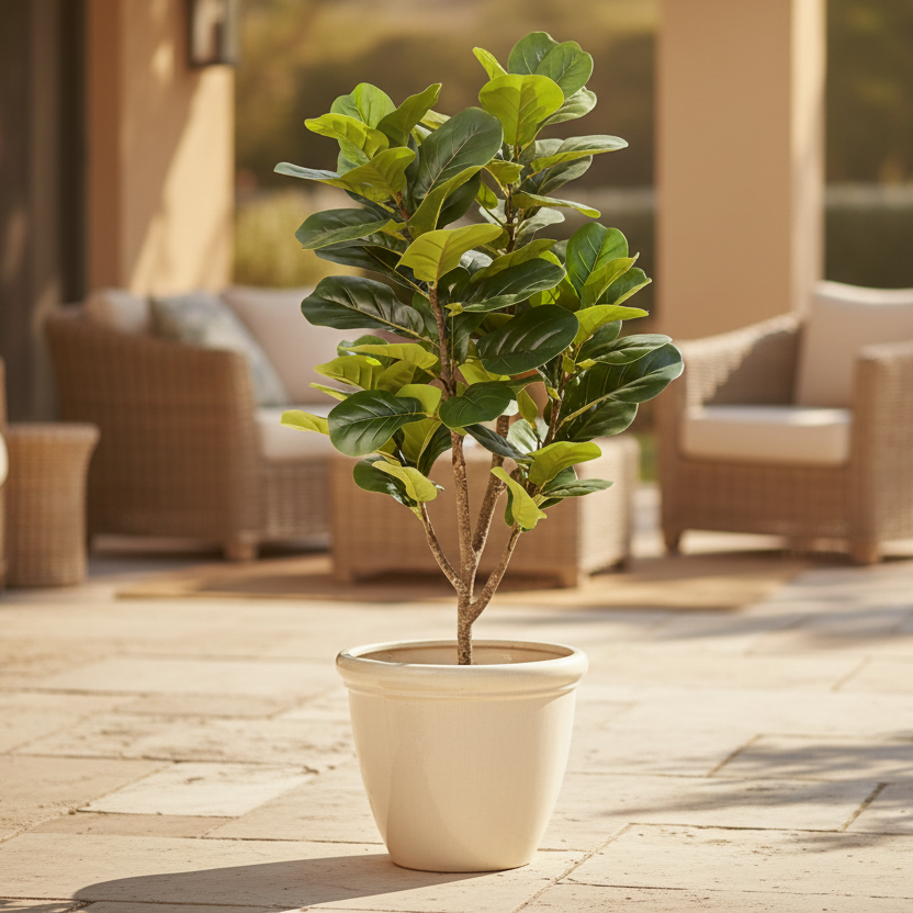 Potted fiddle leaf fig plant on a beige background