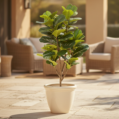 Potted fiddle leaf fig plant on a beige background