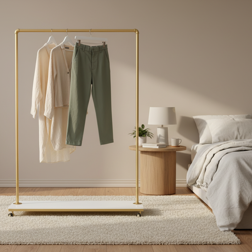 Gold clothing rack with green pants and beige jacket on a white background