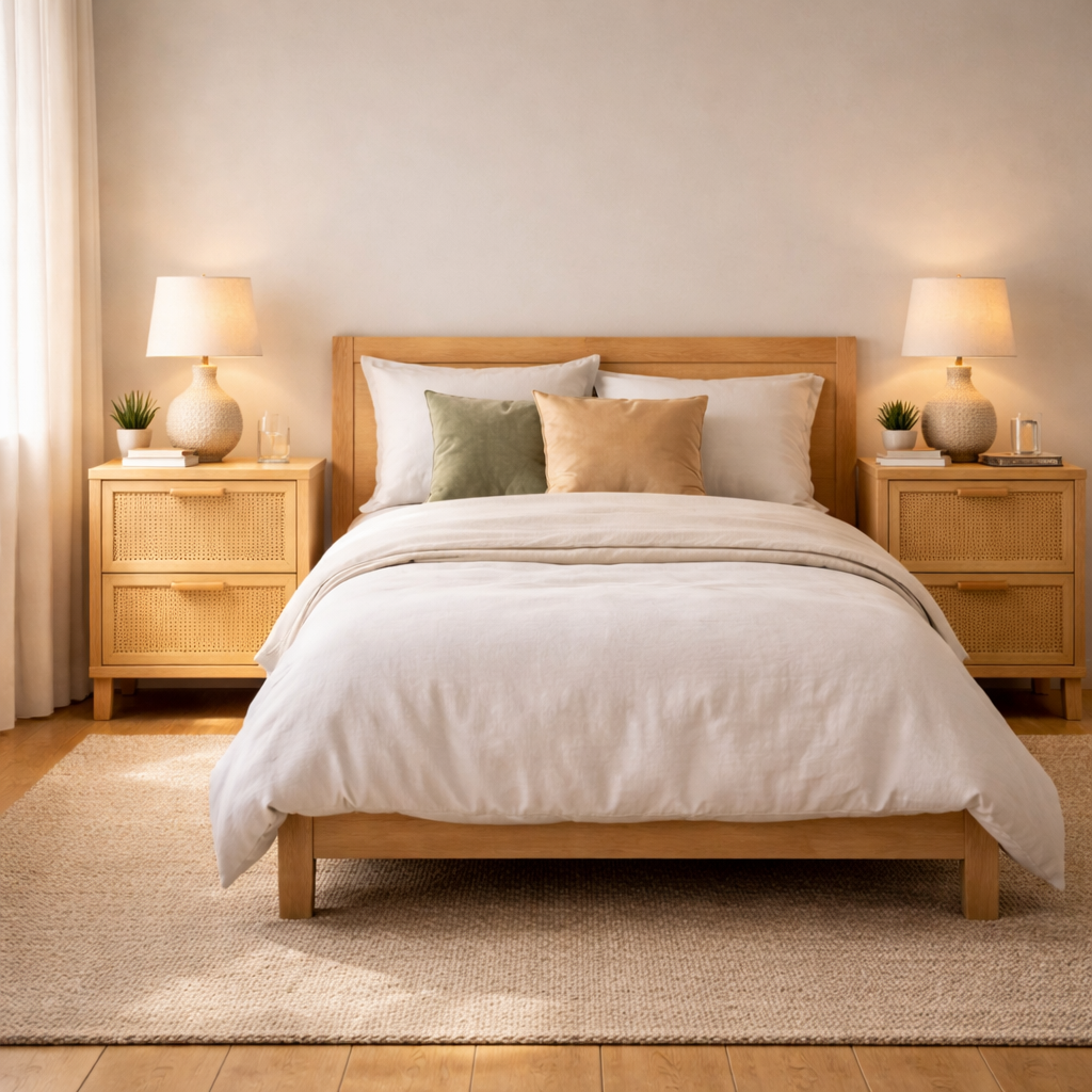 Bedroom with wooden bed and nightstands, white bedding, and decorative pillows.