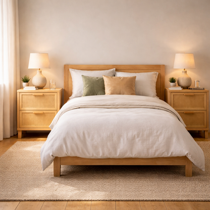 Bedroom with wooden bed and nightstands, white bedding, and decorative pillows.