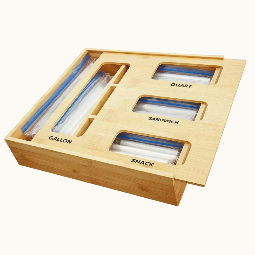 Bag Storage Organizer for Kitchen Drawer, Bamboo Organizer, Compatible with Gallon, Quart, Sandwich and Snack Variety Size Bag (4 Pack) 