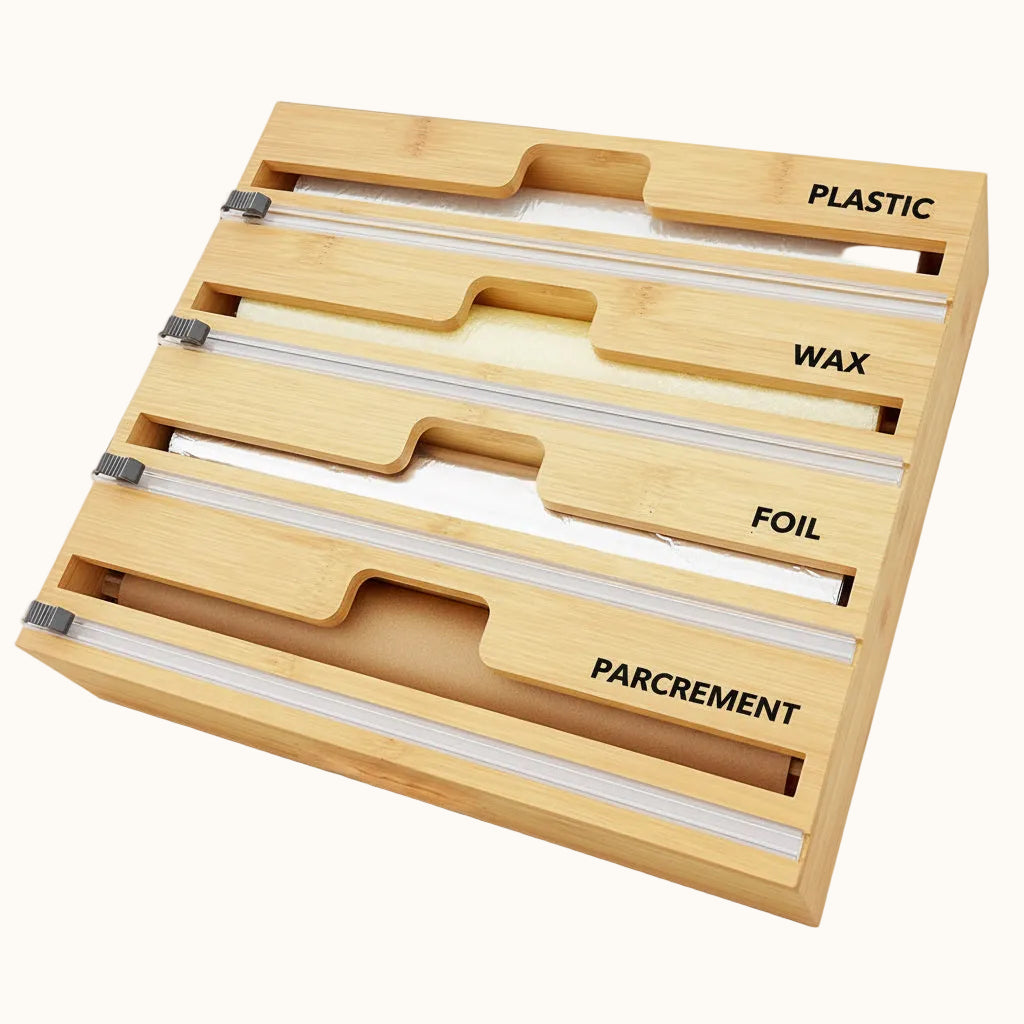 Wrap Dispenser with Cutter and Labels, Plastic Wrap, Aluminum Foil and Wax Paper Dispenser for Kitchen Drawer, Bamboo Roll Organizer Holder 