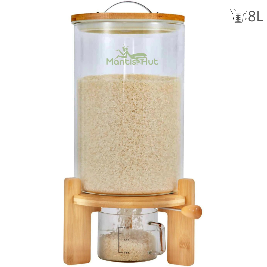 Rice Dispenser, Food Storage Containers, Glass Cereal Container with Airtight Bamboo Lids & Wooden Stand, Kitchen and Pantry Organization