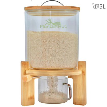 Rice Dispenser, Food Storage Containers, Glass Cereal Container with Airtight Bamboo Lids & Wooden Stand, Kitchen and Pantry Organization