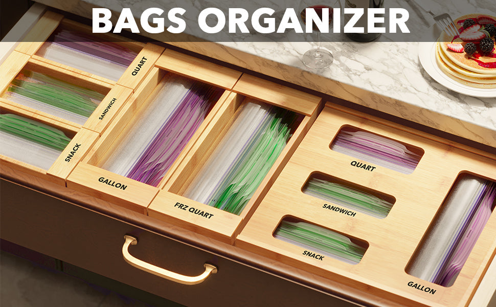 Bag Storage Organizer for Kitchen Drawer, Bamboo Organizer, Compatible with Gallon, Quart, Sandwich and Snack Variety Size Bag (4 Pack)