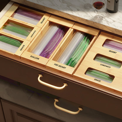 Bag Storage Organizer for Kitchen Drawer, Bamboo Organizer, Compatible with Gallon, Quart, Sandwich and Snack Variety Size Bag (4 Pack)