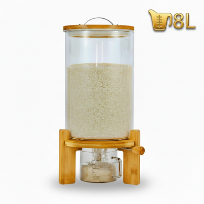Rice Dispenser, Food Storage Containers, Glass Cereal Container with Airtight Bamboo Lids & Wooden Stand, Kitchen and Pantry Organization