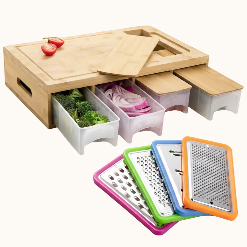 Bamboo Cutting Board with Containers, Lids, Graters, Carving Board with Trays for Food Storage, Transport and Cleanup, Easy Meal Prep