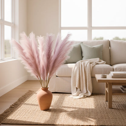 Pampas Grass Decor, 4 Pcs Faux Pampas Grass Plants, 32 inch Artificial Fluffy Tall Pampas Grass for Floor Vase, Pompass Grass Branches, Pompous Grass, Pampass Grass, Pompas Grass (Lilac Taupe)