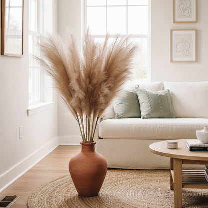 Pampas Grass Decor, 4 Pcs Faux Pampas Grass Plants, 32 inch Artificial Fluffy Tall Pampas Grass for Floor Vase, Pompass Grass Branches, Pompous Grass, Pampass Grass, Pompas Grass (Natural Brown)