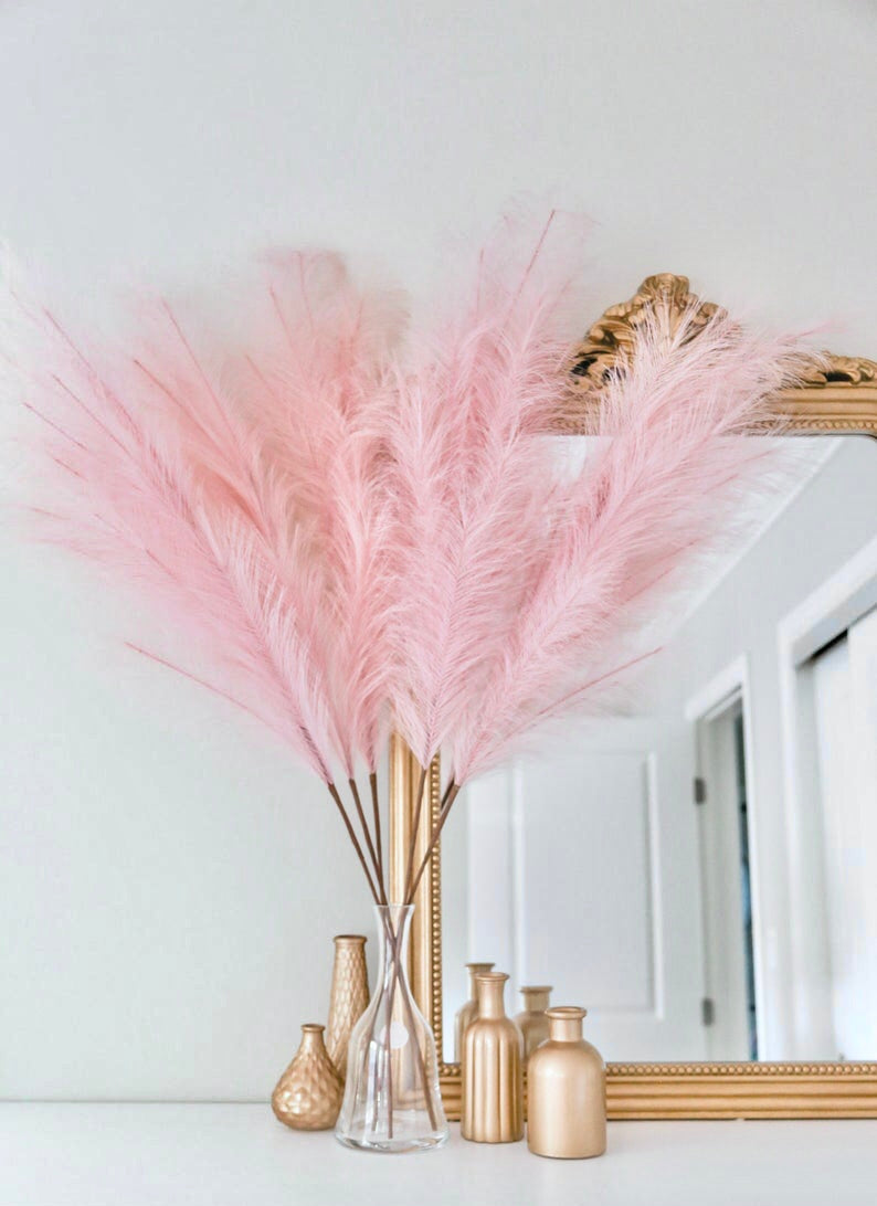 Pampas Grass Decor, 4 Pcs Faux Pampas Grass Plants, 32 inch Artificial Fluffy Tall Pampas Grass for Floor Vase, Pompass Grass Branches, Pompous Grass, Pampass Grass, Pompas Grass (Pink Blush)