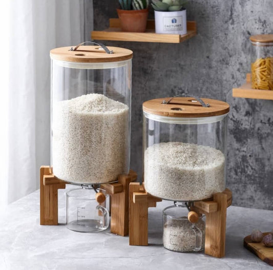 Rice Dispenser, Food Storage Containers, Glass Cereal Container with Airtight Bamboo Lids & Wooden Stand, Kitchen and Pantry Organization  Edit alt text