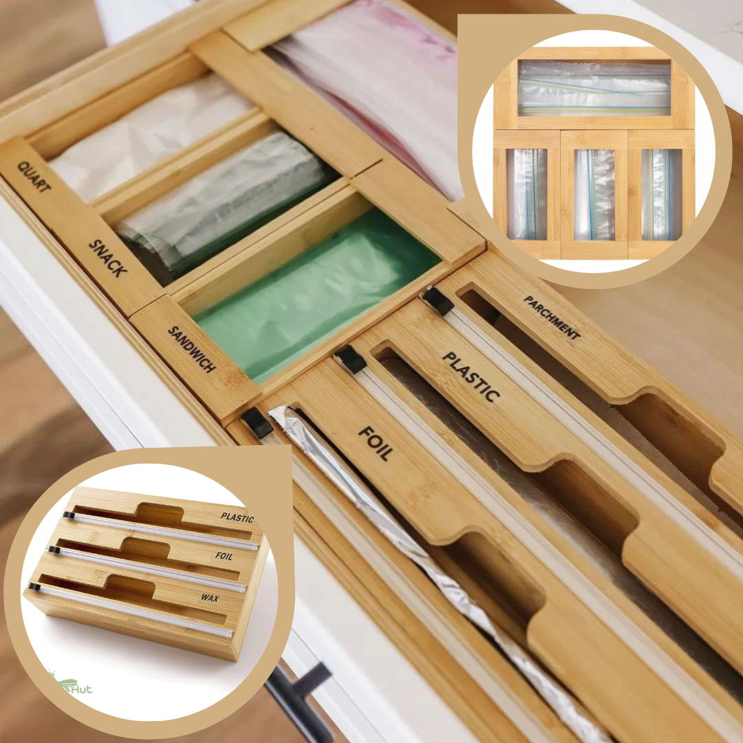 3-IN-1 BAMBOO WRAP DISPENSER + BAGS AND ZIPLOCS ORGANIZER